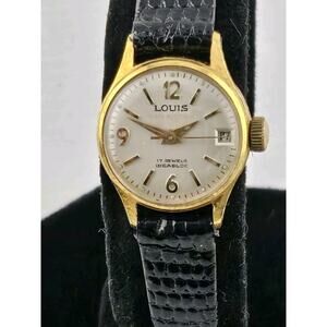 Rare Vintage Louis Watch Company Automatic Lizard Band Gold Plated Runs Incabloc